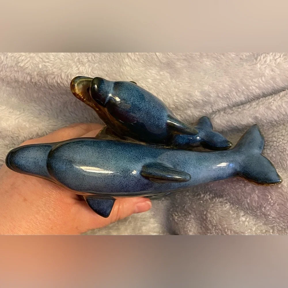 Glazed Pottery Dolphins Figure School Of Dolphins 5”x7
